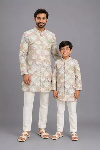 White embroidery bandgala churidar father son combo set