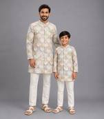 White embroidery bandgala churidar father son combo set