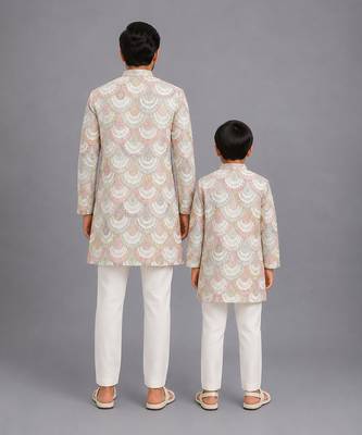 White embroidery bandgala churidar father son combo set 2