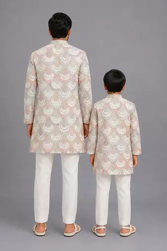 White embroidery bandgala churidar father son combo set