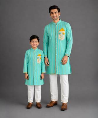Anchor thread embroidered blue kurta father son combo set 1