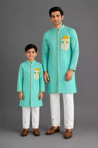 Anchor thread embroidered blue kurta father son combo set