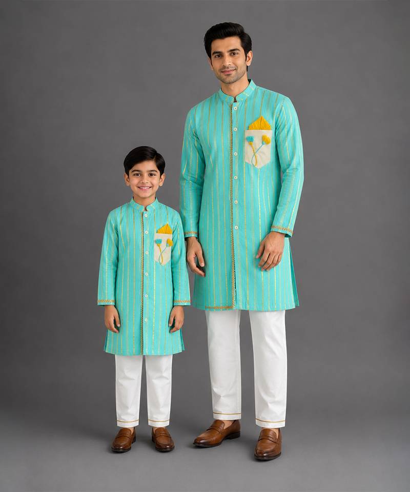 Anchor thread embroidered blue kurta father son combo set