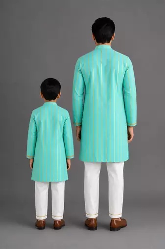 Anchor thread embroidered blue kurta father son combo set