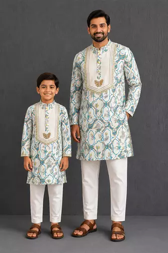 Butterfly printed kurta father son combo set