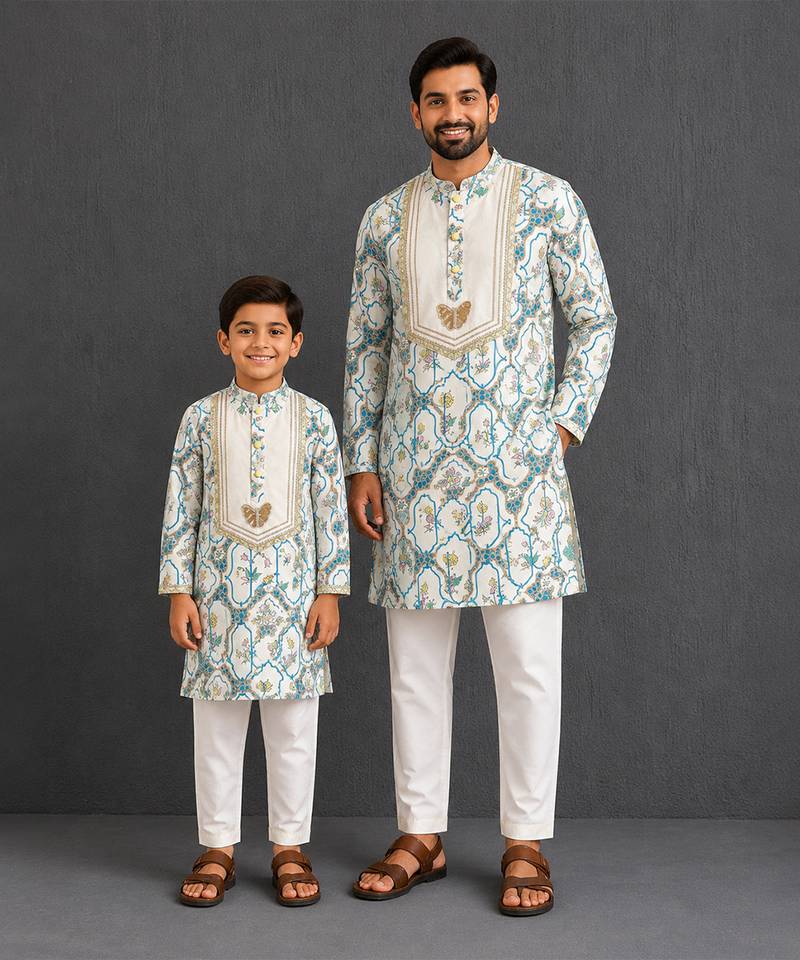 Butterfly printed kurta father son combo set
