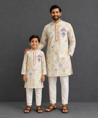 Off white floral hand paint printed kurta father son combo set 1