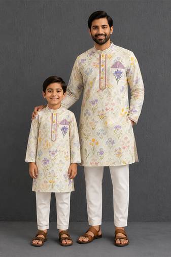 Off white floral hand paint printed kurta father son combo set