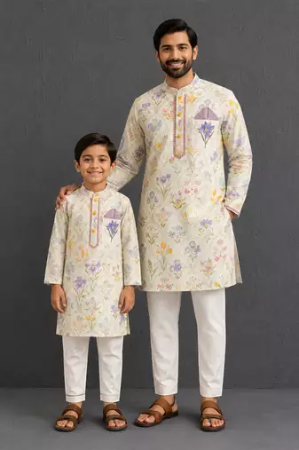 Off white floral hand paint printed kurta father son combo set