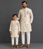 Off white floral hand paint printed kurta father son combo set