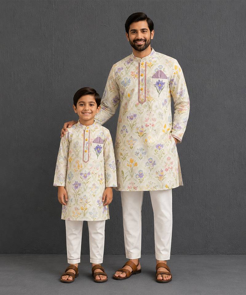 Off white floral hand paint printed kurta father son combo set