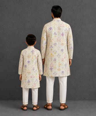 Off white floral hand paint printed kurta father son combo set 2