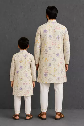 Off white floral hand paint printed kurta father son combo set