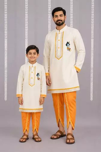 Purple ganpati printed kurta father son combo set