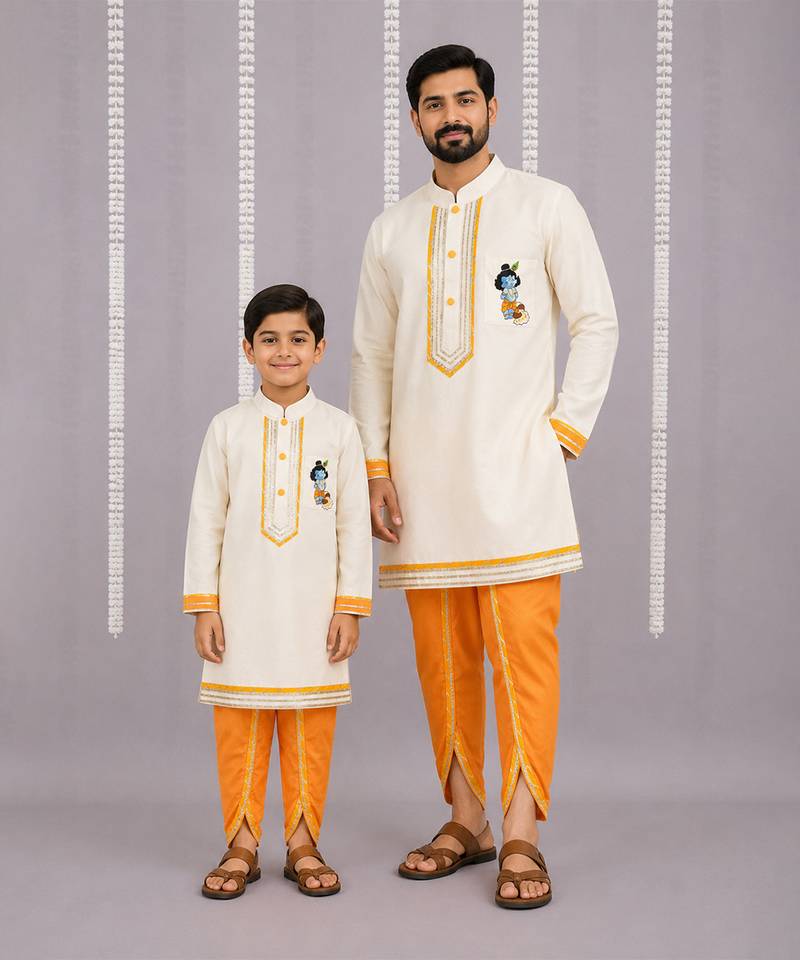 Purple ganpati printed kurta father son combo set