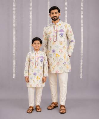 Off white floral hand paint printed kurta father son combo set 1
