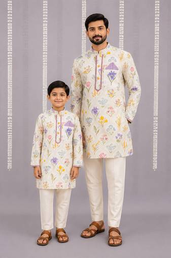 Off white floral hand paint printed kurta father son combo set