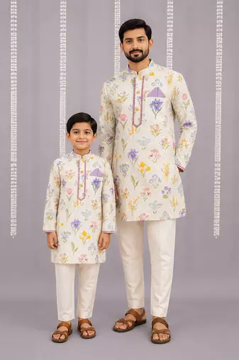 Off white floral hand paint printed kurta father son combo set