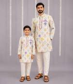 Off white floral hand paint printed kurta father son combo set
