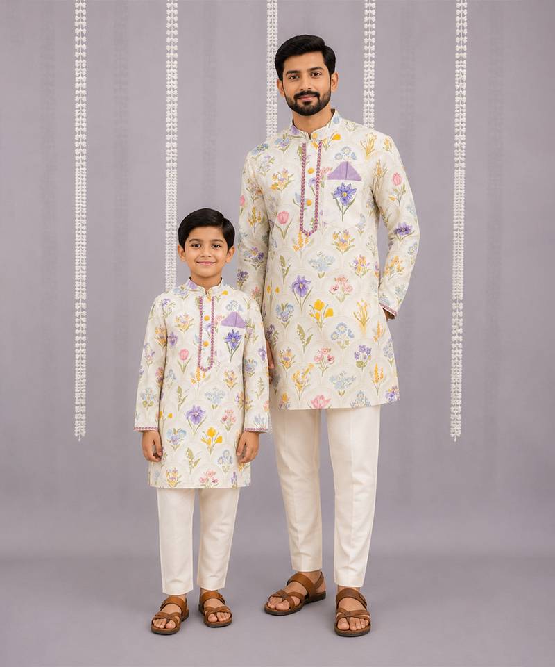 Off white floral hand paint printed kurta father son combo set