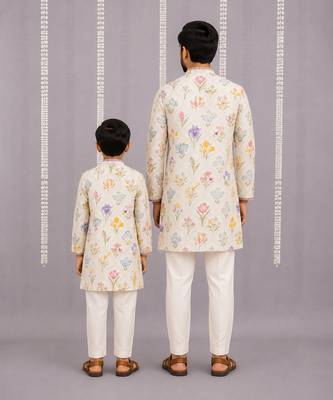 Off white floral hand paint printed kurta father son combo set 2