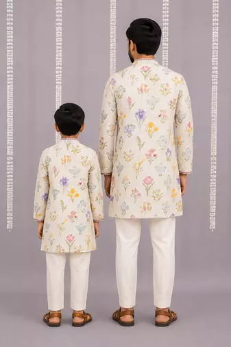 Off white floral hand paint printed kurta father son combo set