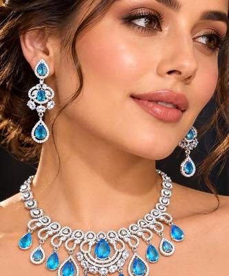 Sky Blue CZ Bridal Necklace Earrings Set, Floral Indian Wedding Jewelry 1