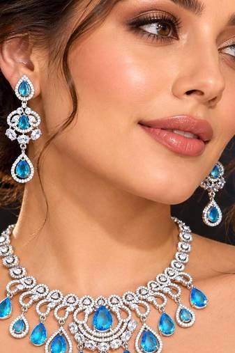Sky Blue CZ Bridal Necklace Earrings Set, Floral Indian Wedding Jewelry