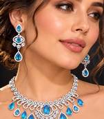 Sky Blue CZ Bridal Necklace Earrings Set, Floral Indian Wedding Jewelry