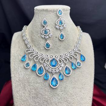 Sky Blue CZ Bridal Necklace Earrings Set, Floral Indian Wedding Jewelry 2