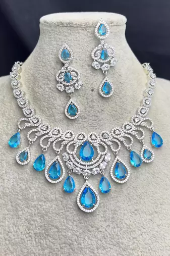Sky Blue CZ Bridal Necklace Earrings Set, Floral Indian Wedding Jewelry