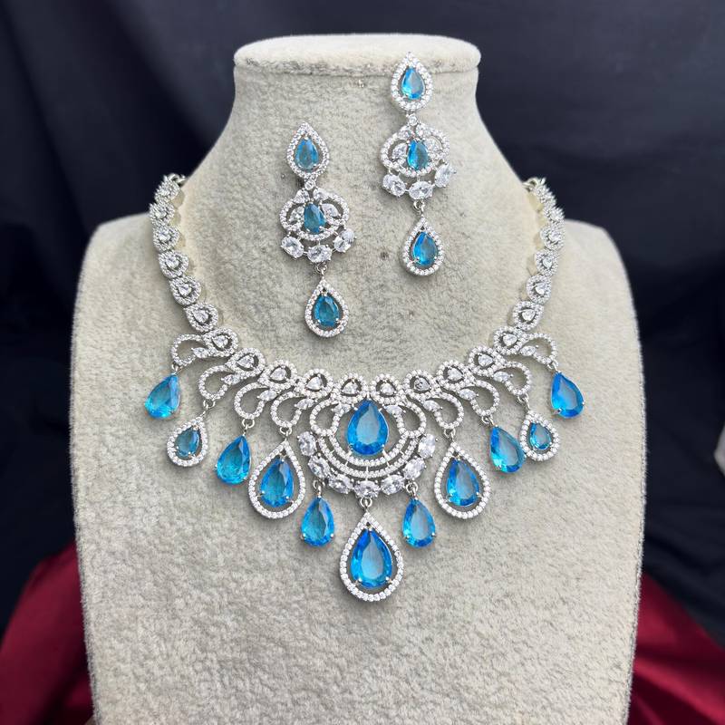 Sky Blue CZ Bridal Necklace Earrings Set, Floral Indian Wedding Jewelry
