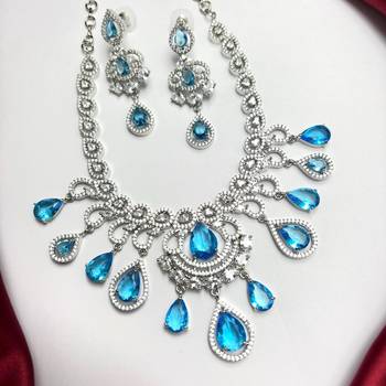 Sky Blue CZ Bridal Necklace Earrings Set, Floral Indian Wedding Jewelry 3