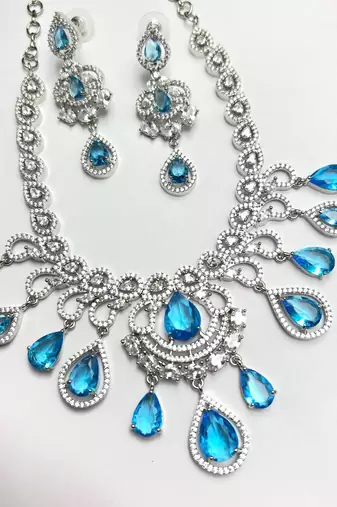 Sky Blue CZ Bridal Necklace Earrings Set, Floral Indian Wedding Jewelry