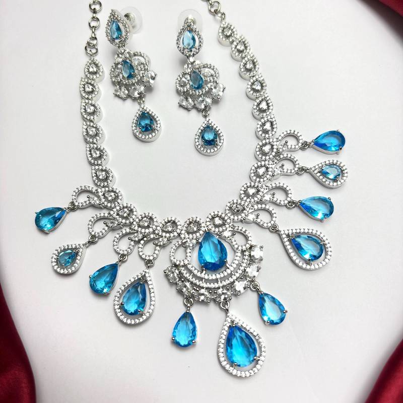 Sky Blue CZ Bridal Necklace Earrings Set, Floral Indian Wedding Jewelry