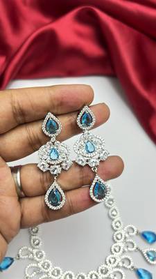Sky Blue CZ Bridal Necklace Earrings Set, Floral Indian Wedding Jewelry 4