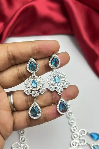Sky Blue CZ Bridal Necklace Earrings Set, Floral Indian Wedding Jewelry