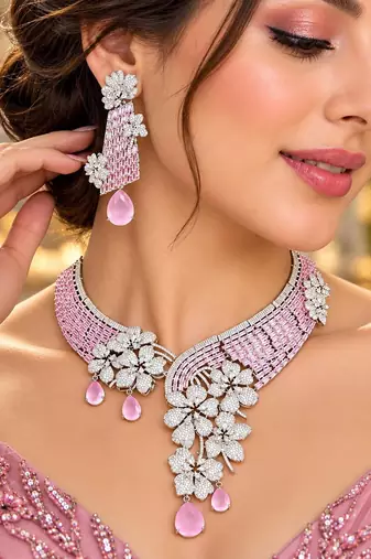 Pink Crystal Bridal Necklace Earrings Set, Floral Indian Wedding Jewelry