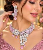 Pink Crystal Bridal Necklace Earrings Set, Floral Indian Wedding Jewelry