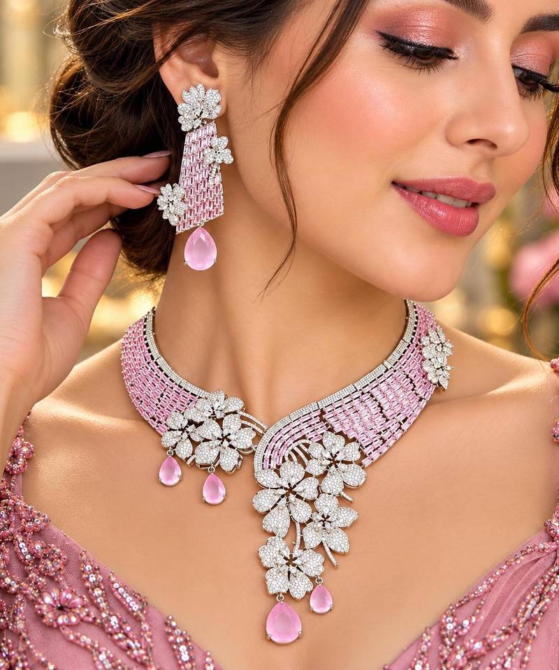 Pink Crystal Bridal Necklace Earrings Set, Floral Indian Wedding Jewelry