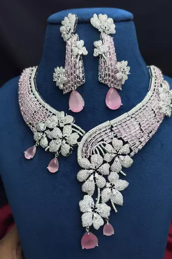 Pink Crystal Bridal Necklace Earrings Set, Floral Indian Wedding Jewelry