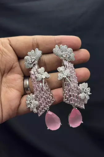 Pink Crystal Bridal Necklace Earrings Set, Floral Indian Wedding Jewelry