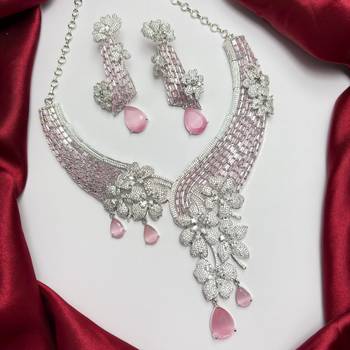 Pink Crystal Bridal Necklace Earrings Set, Floral Indian Wedding Jewelry 4