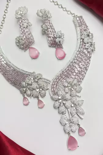 Pink Crystal Bridal Necklace Earrings Set, Floral Indian Wedding Jewelry