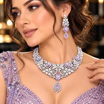 Bridal Necklace Earrings Set, Purple Teardrop Crystal Floral Jewelry 1