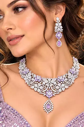 Bridal Necklace Earrings Set, Purple Teardrop Crystal Floral Jewelry