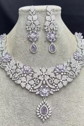 Bridal Necklace Earrings Set, Purple Teardrop Crystal Floral Jewelry