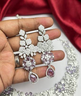 Bridal Necklace Earrings Set, Purple Teardrop Crystal Floral Jewelry 3