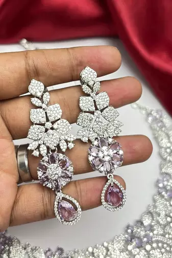 Bridal Necklace Earrings Set, Purple Teardrop Crystal Floral Jewelry