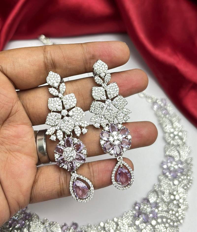 Bridal Necklace Earrings Set, Purple Teardrop Crystal Floral Jewelry